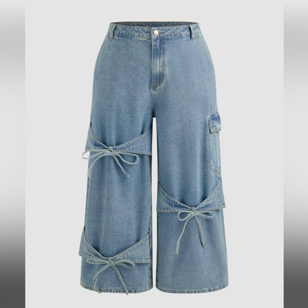 CIDER DENIM MID RISE SOLID BOWKNOT POCKET WIDE LEG JEANS